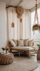 Tranquil boho balcony with natural decor comfy couch green plants and beautiful views of the mountains Bohemian Style Interior Design Stock Photo Inspiration