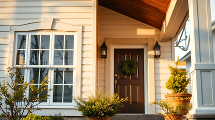 Fototapeta premium House Exterior with Door, Windows, and Landscaping