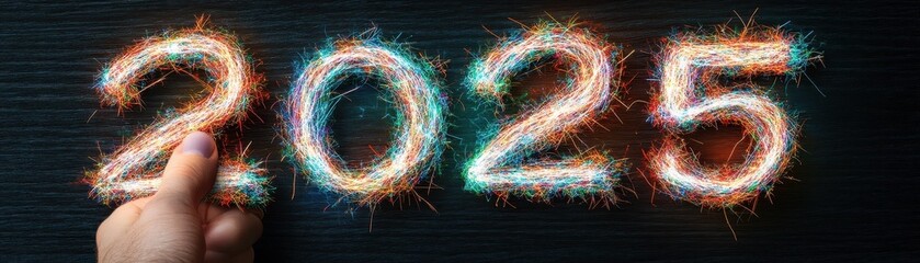 Illuminated numbers 2025 created with sparklers for celebration or New Year theme.
