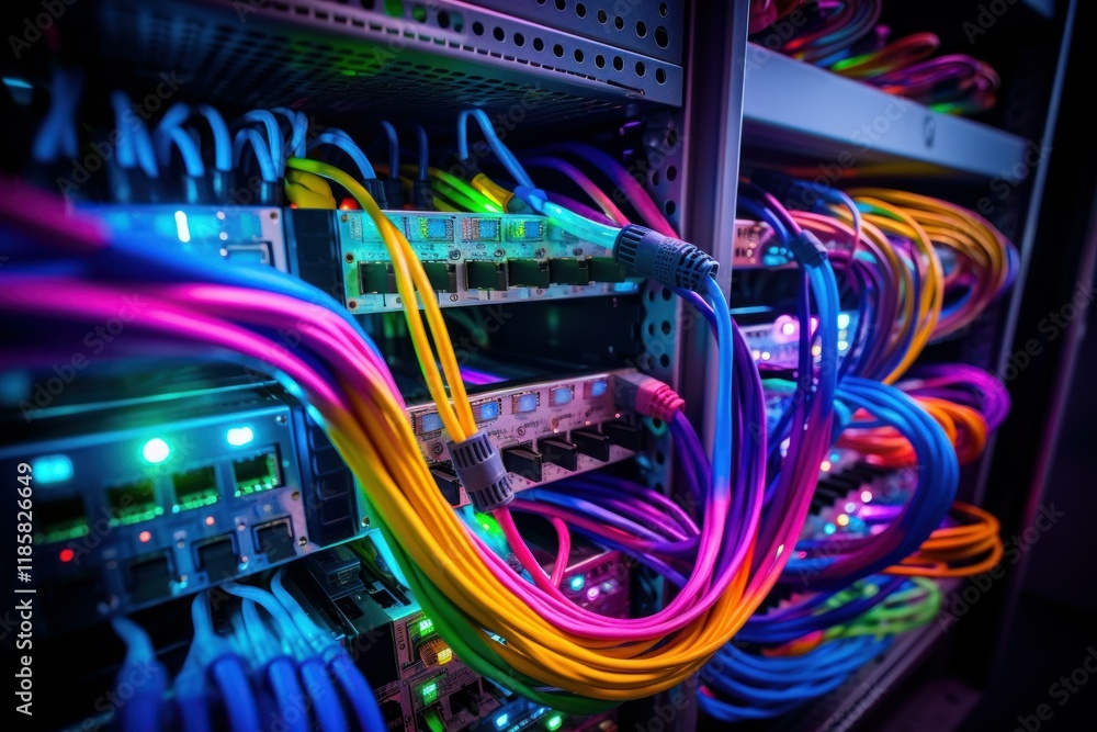 Poster many colorful network cables are connected to servers in a data center, creating a vibrant and compl