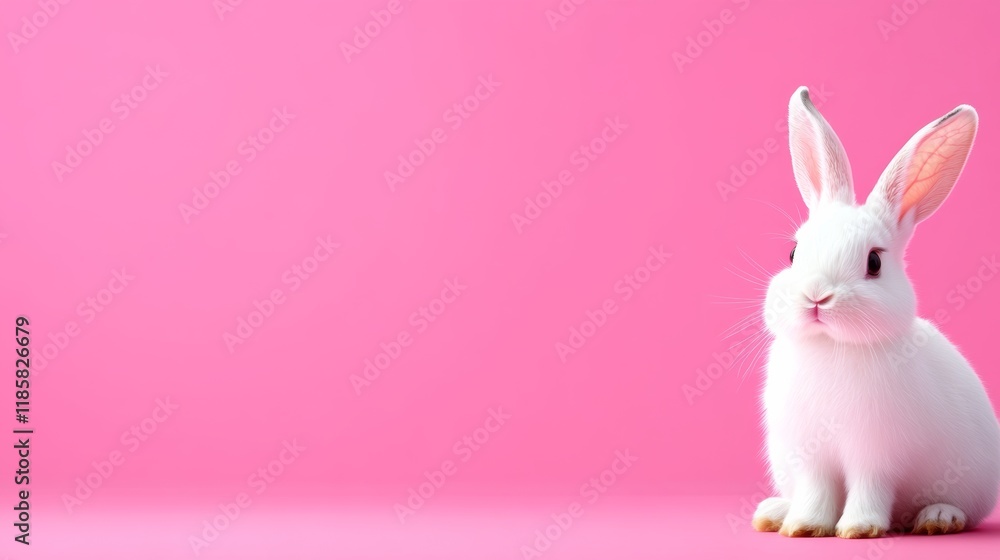 Poster white rabbit is standing in front of a pink background. the rabbit is looking at the camera with a c