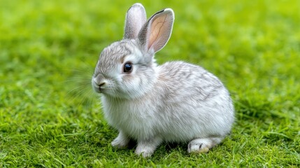 Fototapeta premium Adorable Grey Bunny in Lush Green Grass