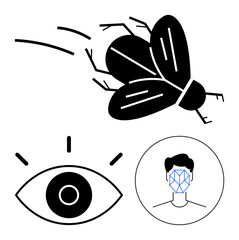 Fly in motion, stylized human eye with focus lines, mans face geometrically mapped. Ideal for technology, vision, recognition, science, biology precision future concepts. Abstract line flat