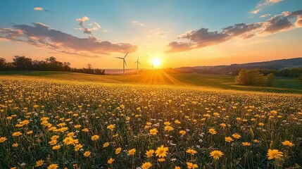 Breathtaking Sunrise Over a Vibrant Flower Field with Wind Turbines Silhouetted Against a Colorful Sky at Golden Hour