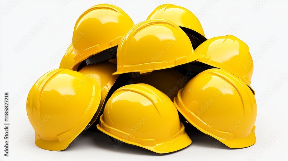 Poster pile of yellow hard hats. the hats are stacked on top of each other. the hats are all the same color