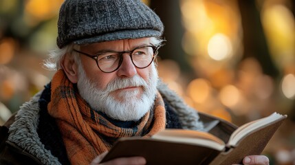 Elderly man reading a book outdoors in autumn with vibrant foliage, wearing a wool cap and scarf, showcasing a peaceful moment in nature