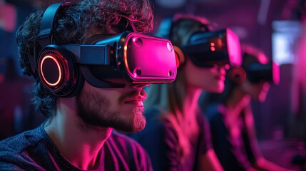 Engaging Group of Young Adults Immersed in Virtual Reality Experience with Neon Lighting in a Modern Gaming Environment