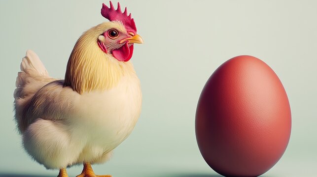 Chicken stands in front of an egg. The chicken is white and the egg is red. Concept of curiosity and wonder, as the chicken looks at the egg with interest