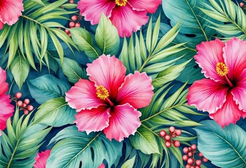 Painting of a tropical flower with pink petals and green leaves. Background.