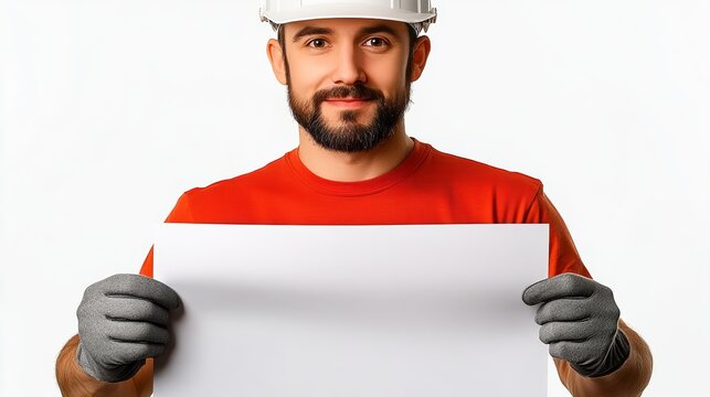 Man in a red shirt is holding a white sign. He is wearing a hard hat and gloves
