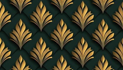 Luxurious seamless pattern with golden art deco motifs on a deep emerald background creating a sophisticated vintage look
