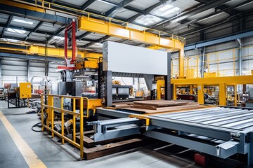 Naklejka premium Inside a contemporary woodworking facility, automated machinery processes lumber, showcasing advanced manufacturing techniques