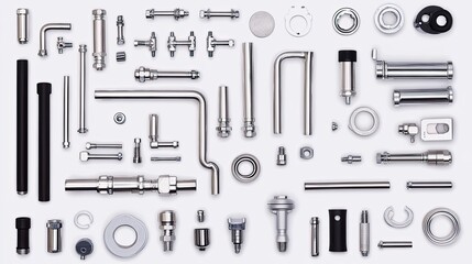 Obraz premium Assorted Stainless Steel Plumbing and Industrial Pipe Fittings on White Background
