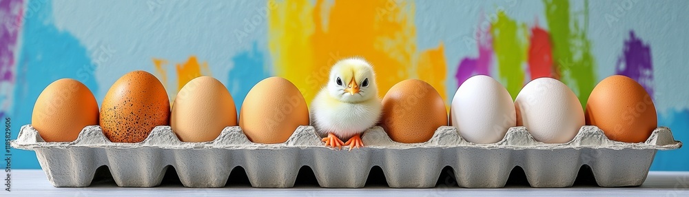 Poster small chick is standing in front of a row of eggs. the chick is the center of attention and the eggs