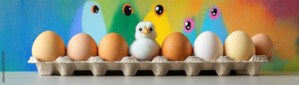 Poster colorful background with a chicken and eggs in a carton. the chicken is the only one that is not an 