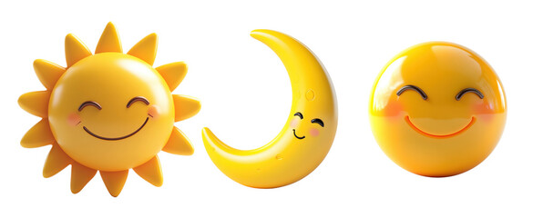 Happy Sun and moon Cartoon 3D Render.