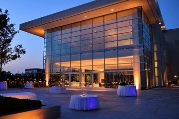 Rooftop event space, twilight reception, city view