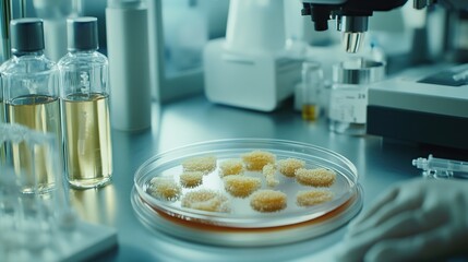 Petri dish with cultured cells under microscope in lab.