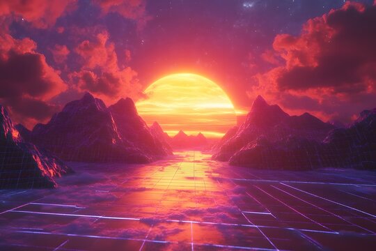 Retro sunset over grid landscape, mountains, vaporwave - Powered by Adobe