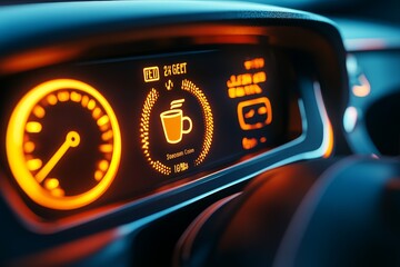 Close-up of a car dashboard showing an illuminated coffee alert symbol, indicating a break suggestion for the driver.