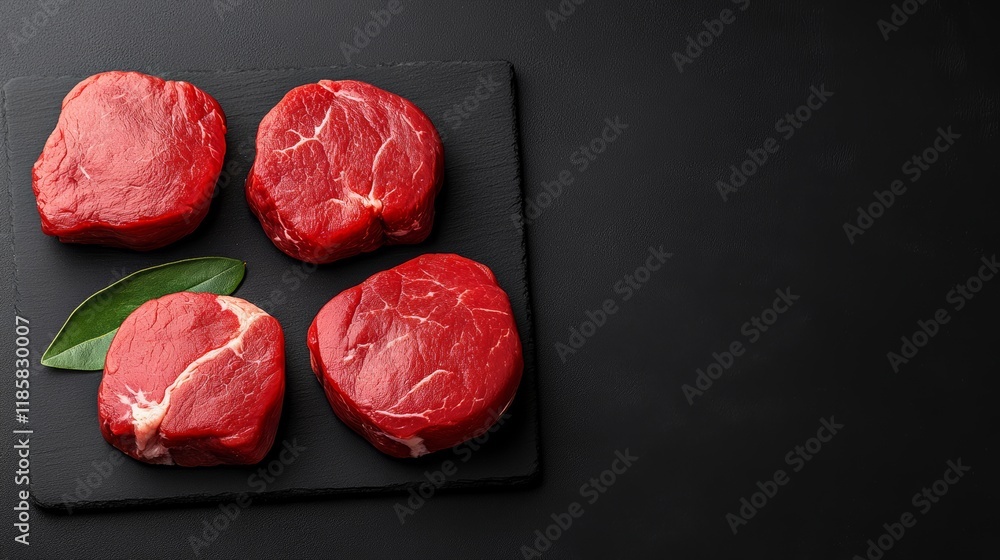 Aufkleber four pieces of meat are displayed on a black surface. the meat is cut into four equal pieces and is 