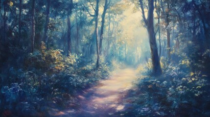 Obraz premium A mystical forest path bathed in soft morning light, symbolizing spiritual connection with nature