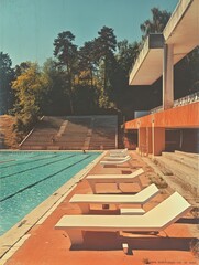 Fototapeta premium Vintage outdoor swimming pool scene featuring empty lounge chairs, diving boards, and surrounding trees under a clear sky.