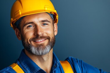Man with a yellow hard hat and a blue shirt is grinning