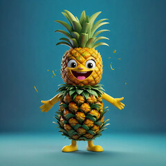 3D Cheerful Pineapple Illustration, Animated Smiling Pineapple