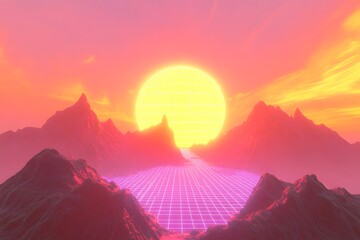 Retro Sunset Grid Landscape, Mountains, 80s Synthwave Background, Design