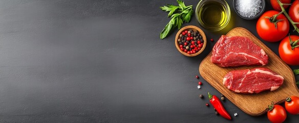 Wooden cutting board with two pieces of meat and a bowl of spices. The spices include pepper and salt