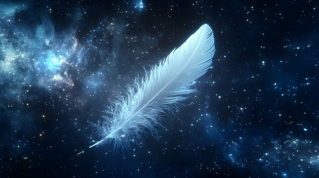 A soft, light feather drifting in the infinite expanse of space, floating freely, evoking feelings of peace, weightlessness, and absolute freedom from the world