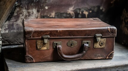Vintage brown leather suitcase on wooden surface.