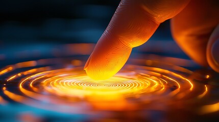 Finger touching glowing fingerprint scanner symbolizing biometric security