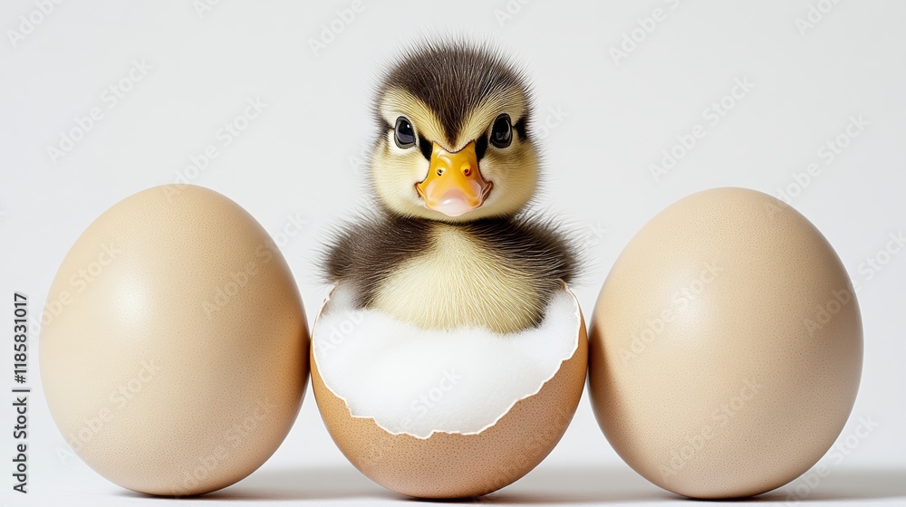 Poster baby duck is sitting in an egg with two other eggs in the background. the duck appears to be angry a