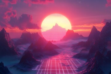 Retro sunset over pixelated mountains; grid floor, vaporwave