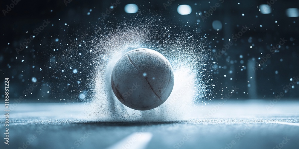 Poster fast-moving ball creating splash effect on court.