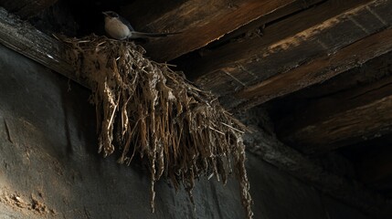 Fototapeta premium Bird perched on its nest built under a rustic wooden ceiling.