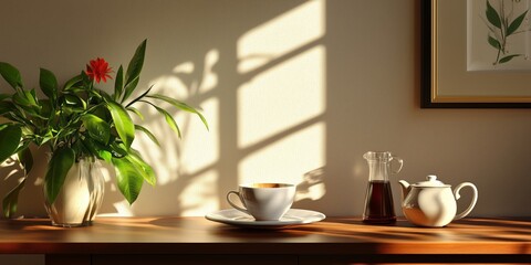 Fototapeta premium The Good Morning Begins With a Good Coffee: Morning Light Illuminates the Traditional Espresso