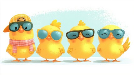 Four Adorable Yellow Chicks Wearing Sunglasses: A Playful Spring Illustration
