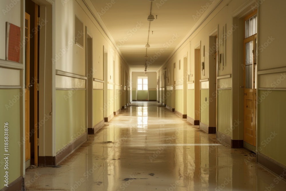 Aufkleber shiny floor reflecting light in long empty corridor with doors and windows in abandoned building