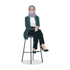 Fototapeta premium Young Woman sit on the stool with crossed legs in formal wear. Flat vector character illustration