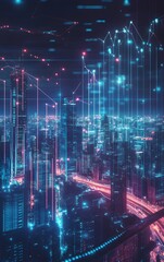 Fototapeta premium 2025 business growth concept, upward charts, global market expansion, futuristic financial district, digital transformation