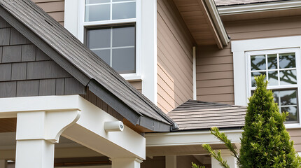 Exterior view of a house featuring a dark gray shingled roof section, light brown siding, white...