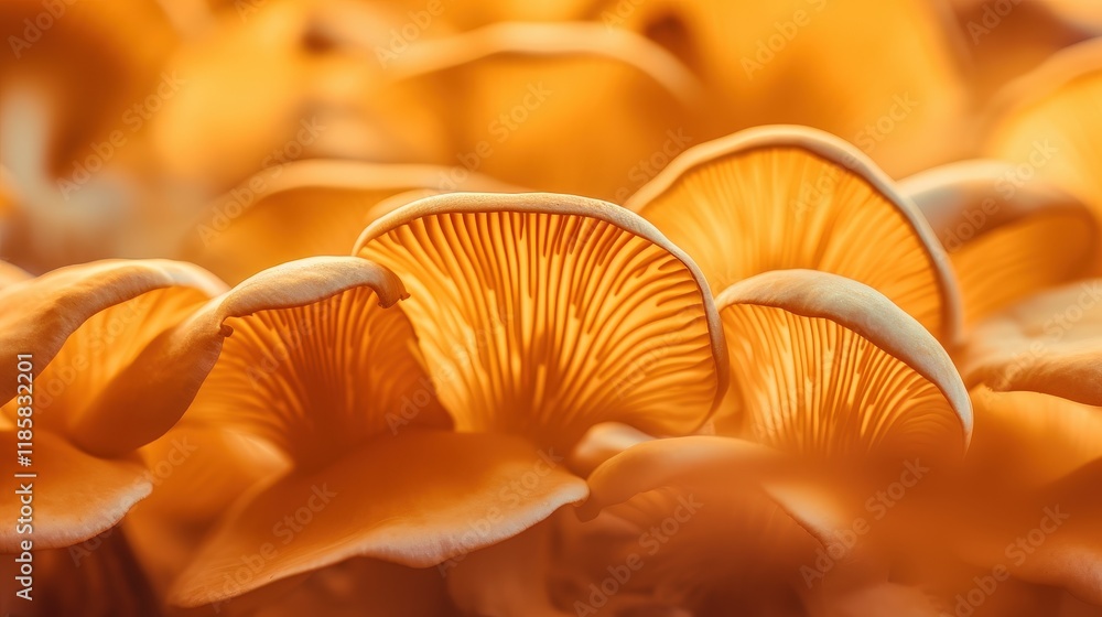 Poster beautiful abstract background of macro shot showing detailed texture of mushroom gills in warm orang