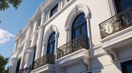 Elegant white building facade with arched windows, balconies, and ornate metal railings under a sunny sky.