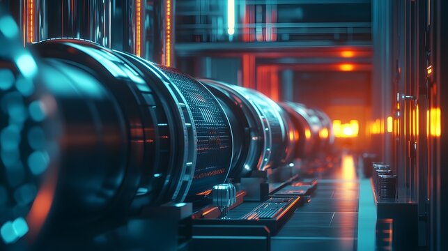 State-of-the-art power technology managing peak energy, with sleek machines and systems working together to ensure efficient power delivery