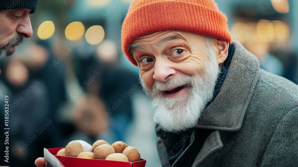 Poster man with a red hat and beard is smiling and holding a box of doughnuts. he is surrounded by a crowd 