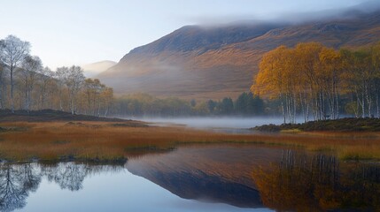 Fototapeta premium Misty autumn morning landscape with mountain reflection in calm lake.