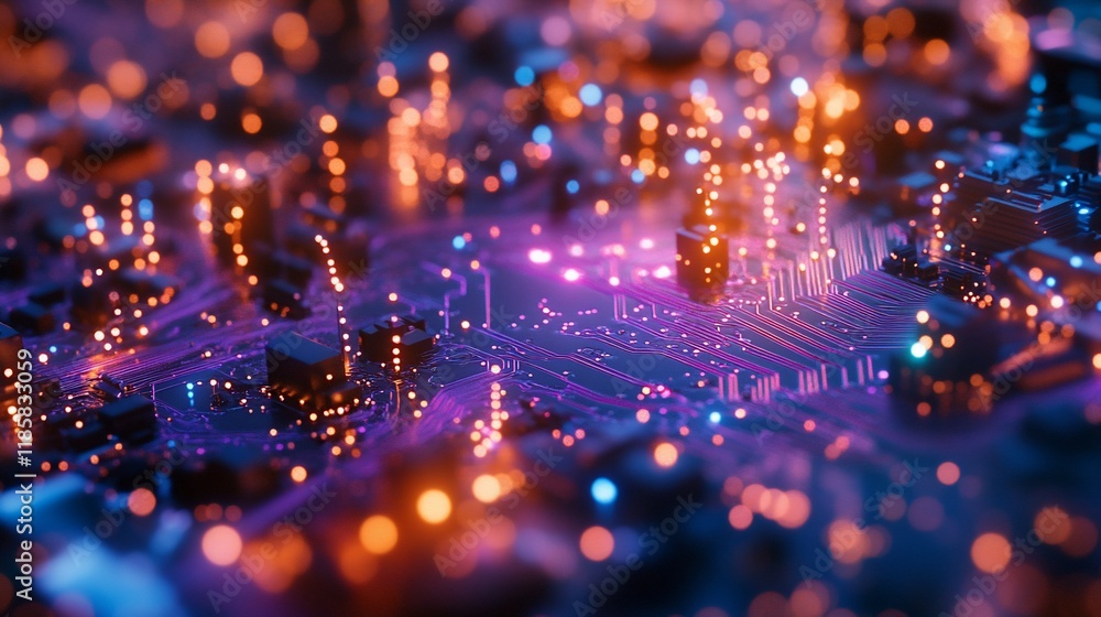 Poster abstract circuit board with glowing nodes and connections.